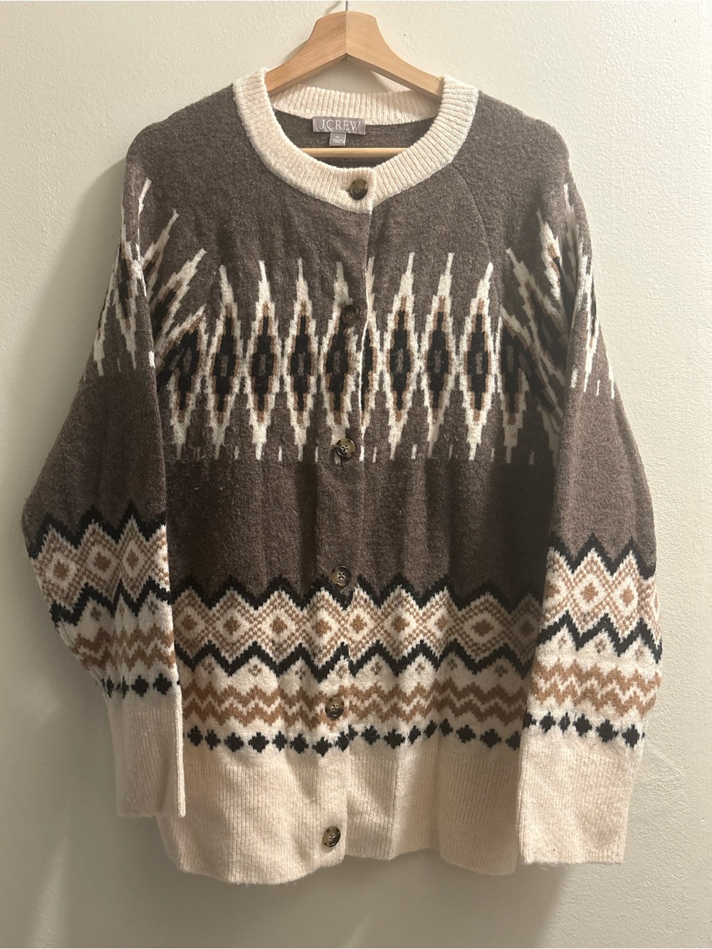 J. Crew Brown, Cream & Black Fair Isle Button Cardigan